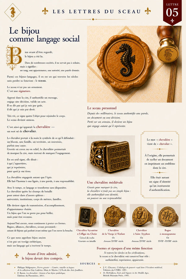 Lettre 05 des Lettres du Sceau — Le bijou comme langage social, Maison Le Sceau d’Hippocampe.