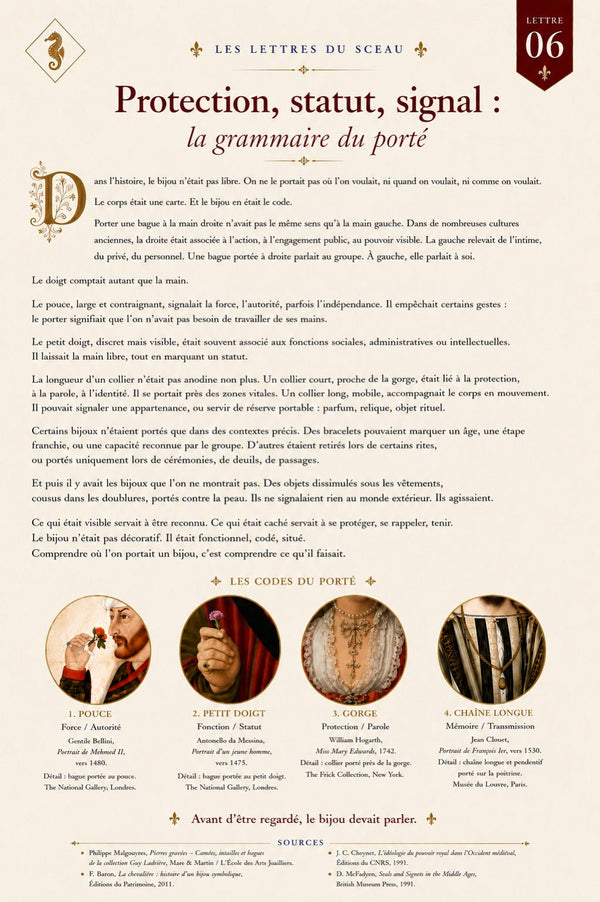 Lettre 06 du Sceau – Protection, statut, signal : la grammaire du porté des bijoux anciens
