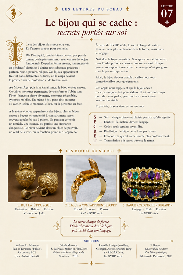 Lettre 07 du Sceau – Le bijou qui se cache : secrets portés sur soi – Maison Le Sceau d’Hippocampe