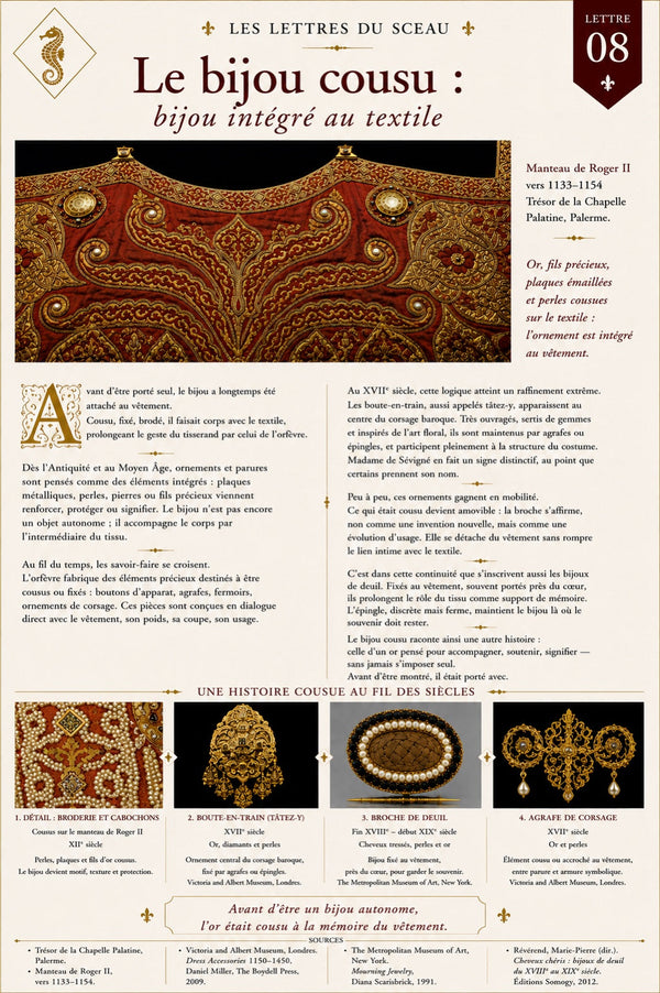 Lettre du Sceau 08 — Le bijou cousu : bijou intégré au textile, composition illustrée de broderies et de parures anciennes.